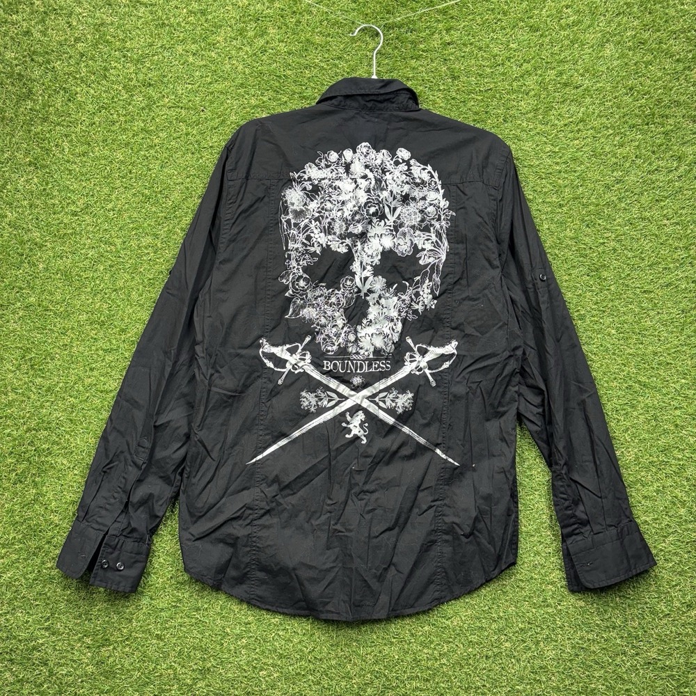 Express y2k Button Down Shirt Mens Medium Skull Wings Cross Biker Grunge Goth